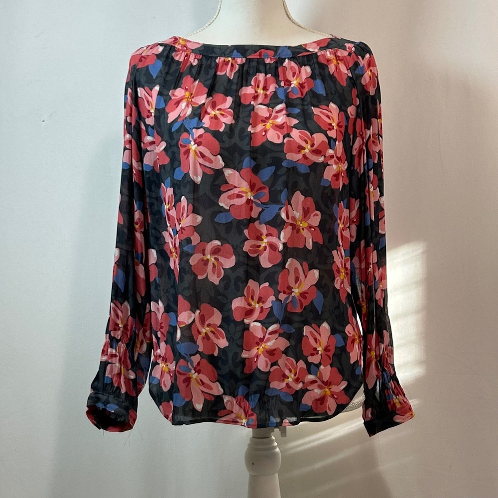 LOFT Floral Blouse Women's Small Petite SP Long Sleeve Pink Blue Black‎ Top